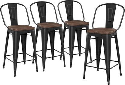 Yongqiang Barstools Set of 4 Counter Height Bar Stools for Kitchen Island Farmhouse Metal High Back Bar Chairs Wooden Seat 24" Matte Black