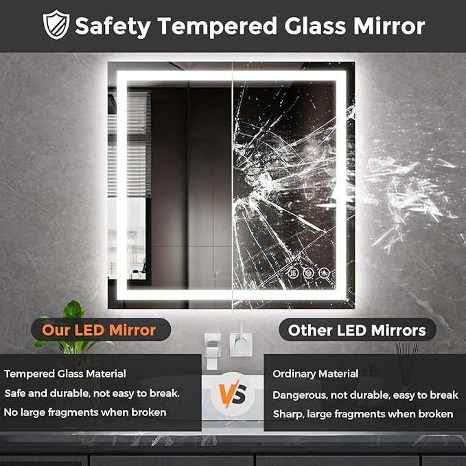 Simple Deluxe LED Bathroom Mirror 36x36 Inch Tempered Glass - Frameless LED Backlit Lighted Mirror for Bathroom Vanity with Anti-Fog, 3 Colors Dimmable, Memory Function, Wall-Mounted