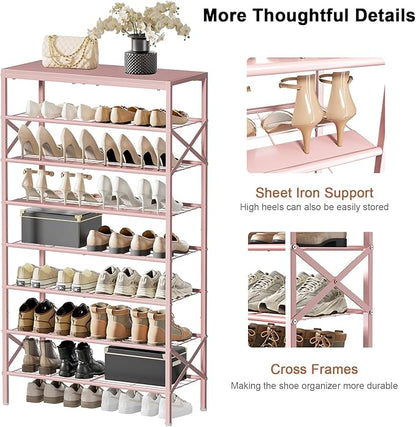 8-Tier Tall Shoe Rack Organizer Shoe Storage for Entryway 24-32 Pairs Metal Shoe Rack for Closet Heavy-Duty Shoe Rack with Wooden Top Shelf for Garage Pink