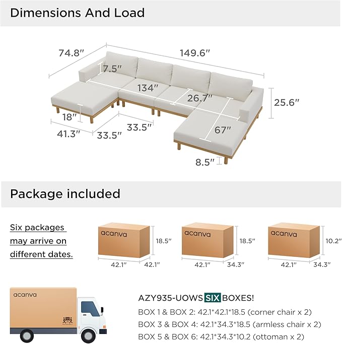 Acanva Minimalist Modular Sectional Sofa for Living Room, Wide & Deep Seat Convertible Furniture Set with Metal Frame and Movable Covers, U-Shaped Couch, Off White