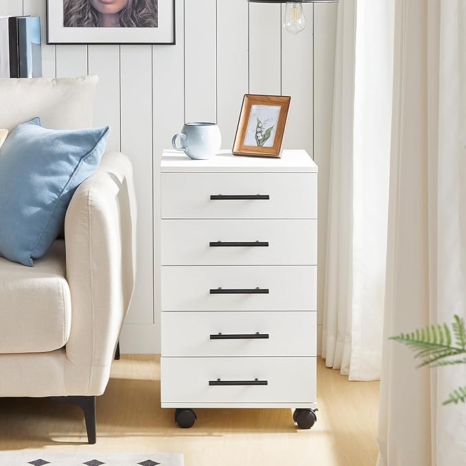 HOOBRO 5-Drawer File Cabinet, Office Filing Cabinet with Drawers, Wooden Mobile Storage Cabinet with Wheels, for Makeup, Home Office, Easy Assembly, White WT05WJ01G1