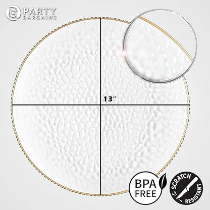PARTY BARGAINS 13-Inch Charger Plates - 4 Pack, Hammered Clear Gold Rim, Heavy-Duty Disposable Chargers for Elegant Dining - Ideal for Weddings and Formal Events