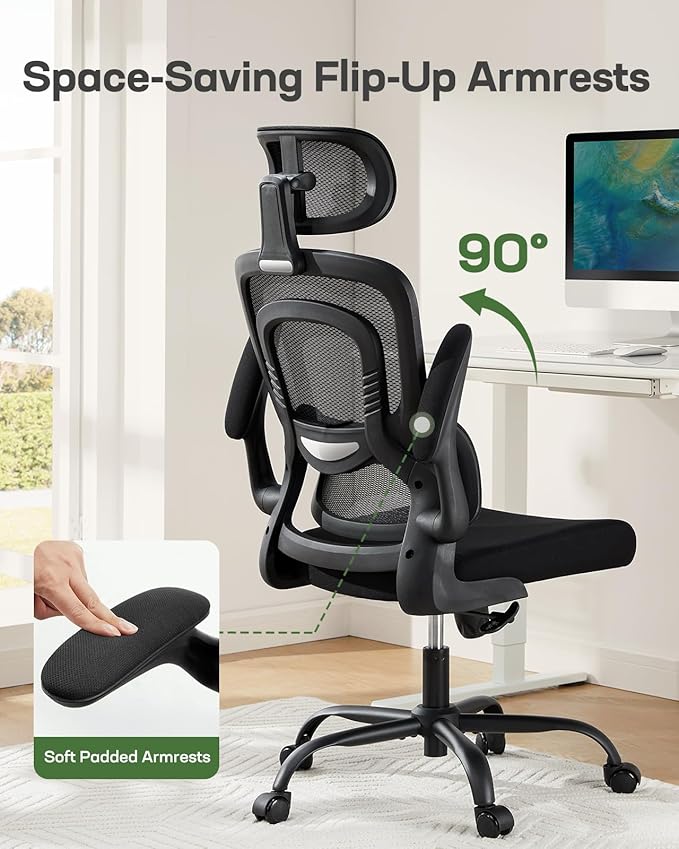 Marsail Ergonomic Office Chair with Lumbar Support, High Back Desk Chair with 2D Headrest & Flip-Up Armrests Gaming Computer Task Chair Tilt Function Black