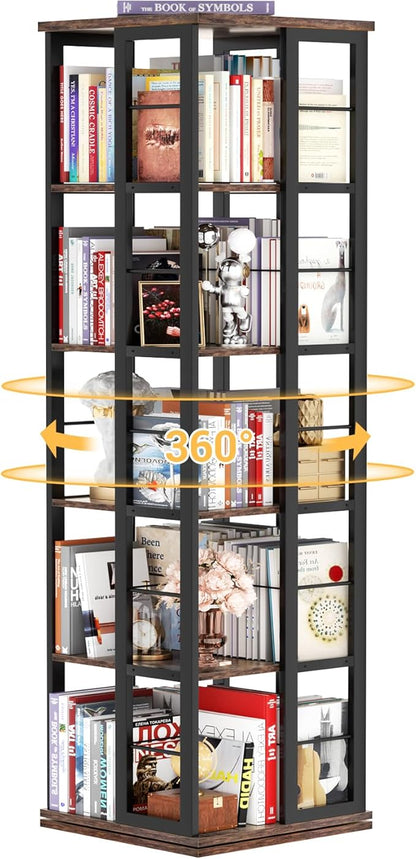 Aheaplus Rotating Bookshelf, Corner Bookcase, 360 Display Wood Spinning Bookshelves, Floor Standing Bookcase Narrow Shelf,5 Tiers, Rustic Brown