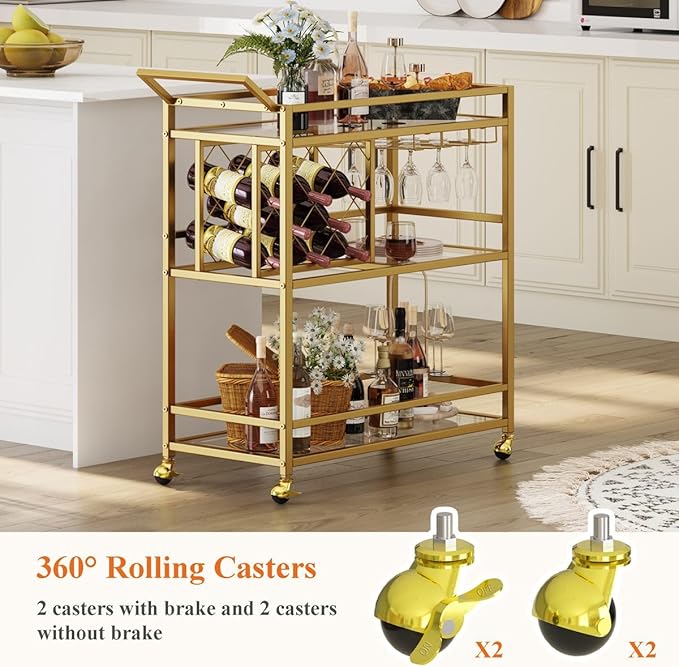 FATORRI Bar Cart Gold, Home Bar Serving Cart with Wine Rack and Glasses Holder, Wine Carts on Wheels with 3 Tier Mirrored Shelves for Liquor and Beverage (Gold)
