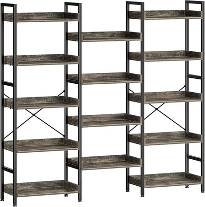 Rolanstar Bookshelf 5 Tiers, Triple Bookcase with Open Display Shelves, Industrial Wide Bookshelf with Metal Frame for Living Room, Office, Grey