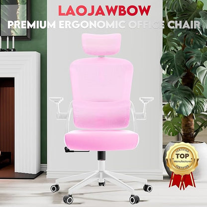Ergonomic Office Chair - 400LB Comfy Desk Chairs with Headrest and Back Support, Heavy Duty Mesh Computer Chairs with Wheels and Arms for Home Office, Study, Bedroom and Dorm (04Pink)