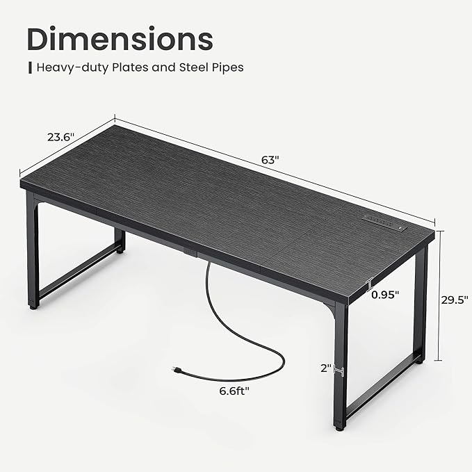 Huuger 63 x 24 inch Desk with Power Outlets & USB-C, Deeper & Thicker Desktop, Robust Metal Tubes, Computer Desk, Heavy Duty Office Desk, Work Gaming Desk, for Home Office, Black