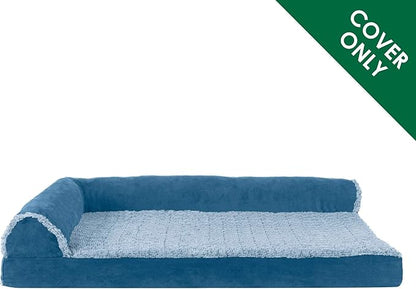 Furhaven Replacement Dog Bed Cover Two-Tone Faux Fur & Suede L Shaped Chaise, Machine Washable - Marine Blue, Jumbo (X-Large)