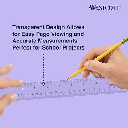 Westcott Acrylic Clear Ruler, Easy-to-Read Markings, Scratch-Resistant Design, Raised Beveled Edges, for Crafting, Office, Classroom, Back to School, School Supplies, 12-Inch