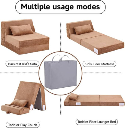 Tiita Convertible Folding Kids Sofa Bed with Pillow & Storage Bag, Plush Fabric Floor Mattress Couch Bed, Washable Cover, Kids Room, Playroom, Dorm, Apartment, Brown
