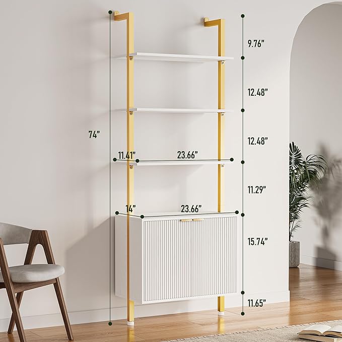 74" Tall Bookshelf with Storage Cabinet, Modern Ladder Shelf with Wood and Metal Frame, Wall Mount Bookcase Open Display Shelf Furniture for Living Room, Bedroom, Home Office, Gold
