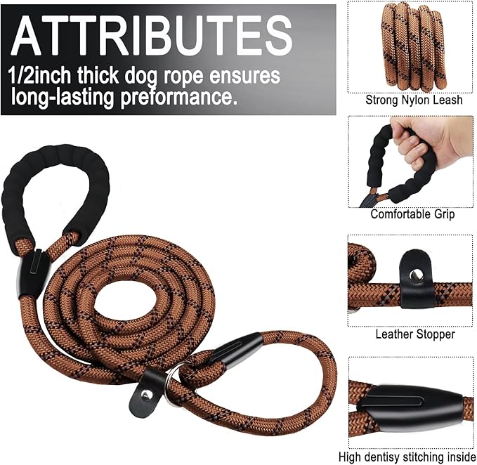 6 FT Heavy Duty Dog Leash, Durable Premium Quality Strong Training Rope Slip Leash with Comfortable Padded Handle and Highly Reflective Threads for Small Medium and Large Dogs, (Brown)