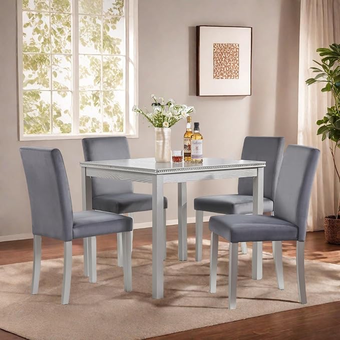 Dining Table Set for 4, 5-Piece Dining Room Table Set with Square Crystal Decoration Table & 4 Upholstered Backrest Chairs, Counter Height Kitchen Sets with Faux Wood Grain Design, Grey