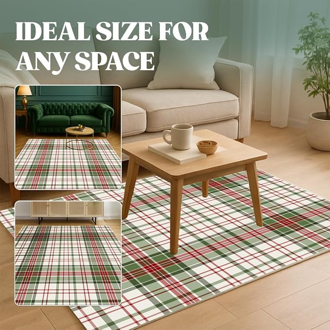 Muddy Mat짰 Plaid 5x7 Washable Area Rugs for Living Room, Bedroom & Dining Room ??Modern Soft Low Pile Non Slip Carpet ??Pet Friendly Waterproof Foldable Rugs for Home