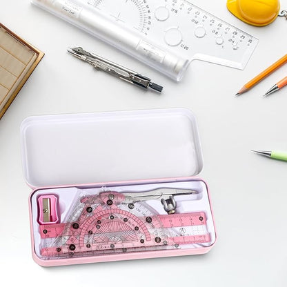Compass Geometry Tool Protractor and Compass Set with Metal Box Drawing Compass with Rulers Math Compass Kit for Class Supplies and School 8 Piece