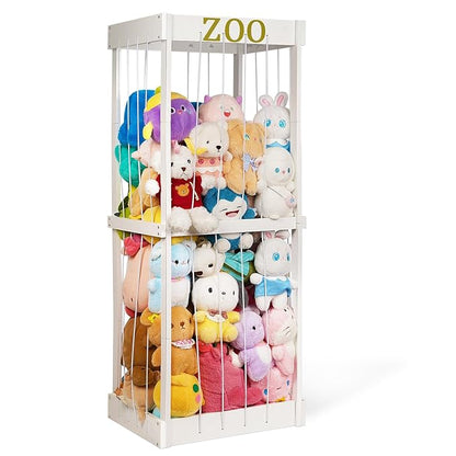 Trycooling Stuffed Animal Zoo Stuffed Animal Storage Wood Plushie Storage Stuffed Animals Zoo Storage Cage with Zoo Pattern Elastic Band for Nursery Play Room Bedroom (White)