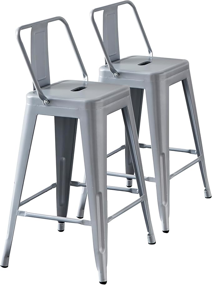 AC Pacific 24” Metal Barstool Set of 2 – Country Rustic Style with Low Back, Lightweight & Sturdy Build, Easy Assembly – Matte Silver