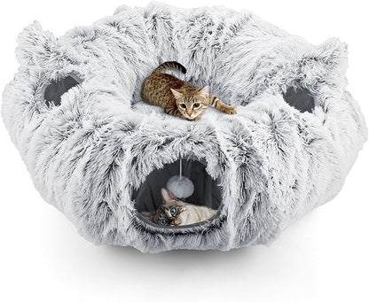Cat Tunnel Cat Bed for Indoor Cats,Christmas Tree cat Tunnel 3-in-1 Foldable Plush Donut Tunnel with Washable Cushion, Peekaboo Cat Cave with Ears for Kittens, Puppy, Rabbit (Gray)