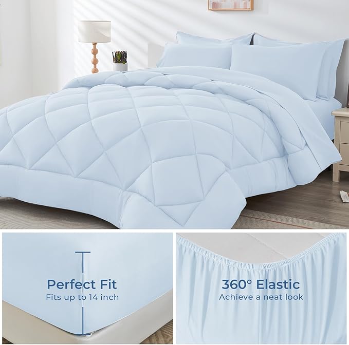 HEVUMYI Light Blue Twin-XL Comforter Set - 5-Piece All Season Bed in a Bag Twin-XL, Ultra Soft Bedding Set with Comforter, Flat Sheet, Fitted Sheet, Pillowcases, Pillow Shams