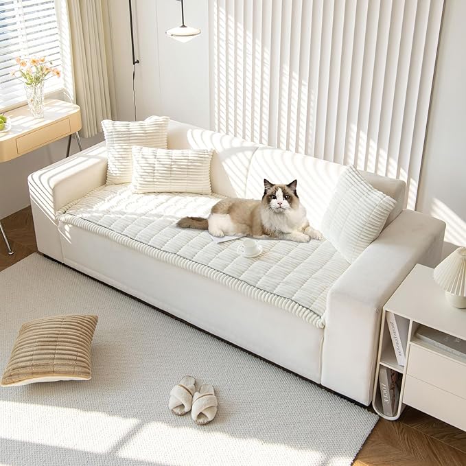 OTOB Couch Covers for Dogs Washable, Non Slip Plush Sofa Cover Kids Pet Friendly Furniture Protector, All Seasons Soft Cozy Fuzzy Sofa Slipcovers Dog Bed Mats (Cream, 31.5" x 63.0'')