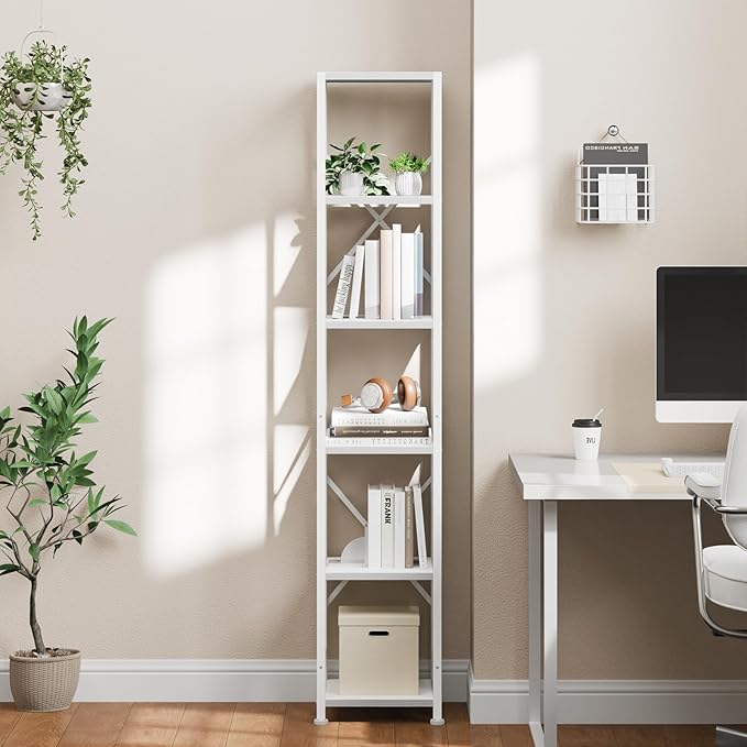 Furologee White Bookshelf 6 Tier Tall Narrow Bookcase, Modern Display Standing Shelf Unit, Metal and Wooden Storage Corner Shelves Organizer for Bedroom, Living Room, Office, Bathroom
