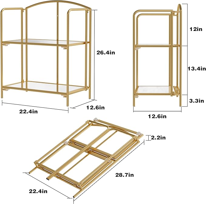 Crofy No Assembly Folding Bookshelf for Living Room, 2 Tier Gold Collapsible Book Shelf for Home Office, Portable Bookcase Storage Organizer