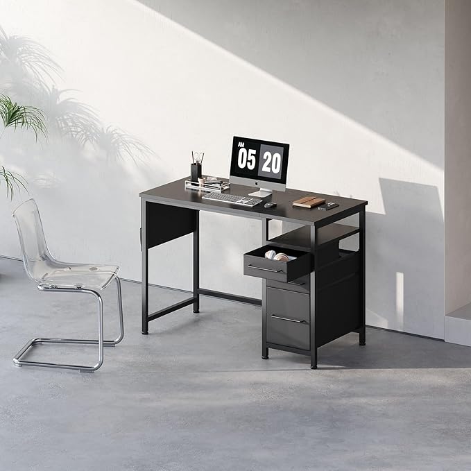 Ｍａｉｈａｉｌ Maihail Small Desk with Drawers, 40 inch Computer Desk with Shelves, Writing Desk with Storage, Small Office Desk with Metal Frame, Black