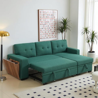 L-Shape Sofa Bed, 92" Sectional Couch with Storage Chaise, Pull Out Sleeper Sofa with Side Compartment, Convertible Corner Couch for Living Room Apartment, Green
