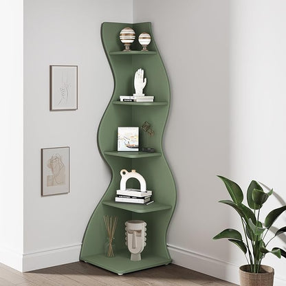 Tribesigns Corner Shelf, Modern 5-Tier Wall Corner Bookshelf, Stylish Corner Small Bookcase Storage Rack Plant Stand with Unique Shape for Living Room, Home Office (Sage Green, 1PC)