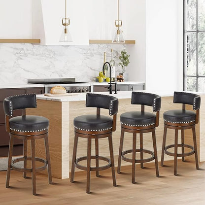 COLAMY Swivel Bar Stools Set of 4, 30 Inch Swivel Bar Height Bar Stools, Wood Swivel Barstools with Back, Modern Upholstered Wooden Barstools for Kitchen Island Dining Room Bar, Dark Brown