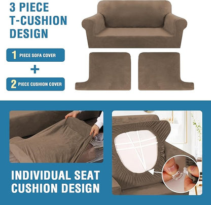 H.VERSAILTEX Sofa Cover 3 Piece T Cushion Loveseat Slipcovers Thick Velvet Couch Cover Stretch T Cushion Sofa Covers for 2 Cushion Couch with 2 Individual T Cushion Covers, Mocha