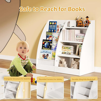 4 Tier Kids Bookshelf, 4 Layer Sling Kids Book Shelf for Kids Rooms,Wood Children Bookcase,Baby Storage Book Rack,Toddler Bookshelf, Book and Toy Organizer,Book Display Shelf for Bedroom, Nursery