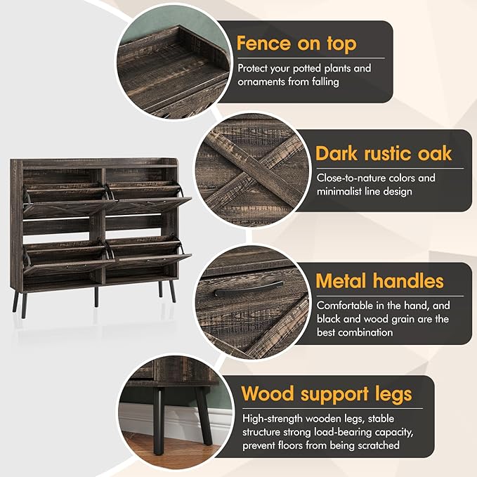Maupvit Large Shoe Storage Cabinet with 4 Flip Drawers, Narrow Shoe Cabinet for Entryway with Wooden Legs, Freestanding Hidden Shoe Rack Organizer ＆ Metal Hinges, Dark Rustic Oak