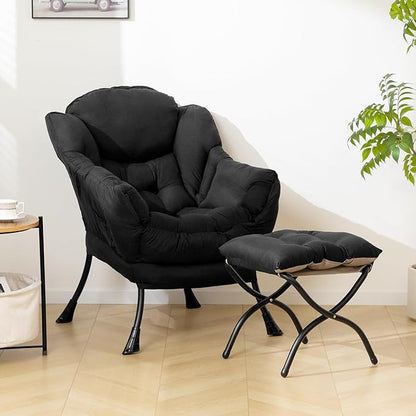 HollyHOME Lazy Chair with Foldable Ottoman,Accent Comfy Lounge Arm Chair and Folding Footrest Stool Set,Leisure Sofa Reading Chair and Footstool for Living Room,Bedroom, Dorm,Peachskin Fabric Black