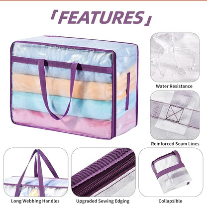20 Gallon Large Clear Blanket Storage Bags for Bedding with Zipper Handles, 76L Oversized Comforter Storage Bag King Size, Folding Plastic Bedding Storage for Clothes, Bed Sheet, Pillow, Toys, 4Pack
