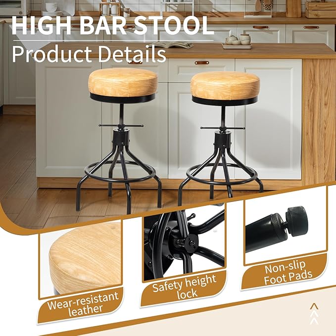 Swivel Bar Stools Adjustable Swivel Barstools Modern PU Leather 28inch Round Backless Counter Height Stool Metal Industrial Bar Chair for Kitchen Island (1, Ash Wood PU Leather)