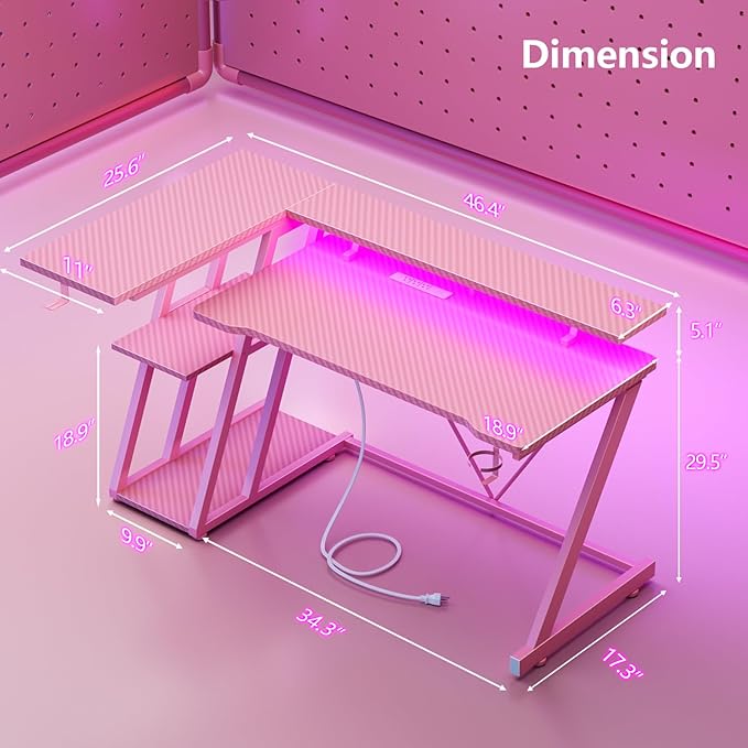 47 Inch Pink Gaming Desk with Power Outlet & LED Lights, Corner Computer Desk with 3 Tiers Storage Shelves, L Shaped Gaming Desk with Monitor Stand for Bedroom