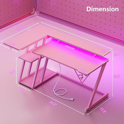 47 Inch Pink Gaming Desk with Power Outlet & LED Lights, Corner Computer Desk with 3 Tiers Storage Shelves, L Shaped Gaming Desk with Monitor Stand for Bedroom