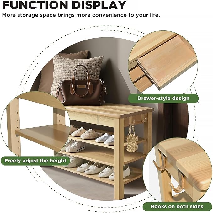 Wood Shoe Bench Entryway with Drawer: 3-Tiers Wooden Storage Shoe Rack with Bench Seat, Compact Mid-Century Modern Design for Entryway, Hallway, Closet, Front Door Entrance, Foyer