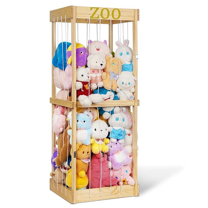 Trycooling Stuffed Animal Zoo Stuffed Animal Storage Wood Plushie Storage Stuffed Animals Zoo Storage Cage with Zoo Pattern Elastic Band for Nursery Play Room Bedroom (Wood)