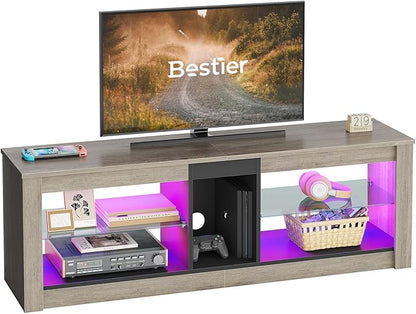 Bestier Entertainment Center LED Gaming TV Stand for 55+ Inch TV Adjustable Glass Shelves 22 Dynamic RGB Modes TV Cabinet Game Console PS4, Wash Gray