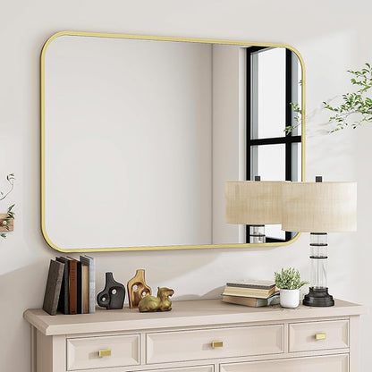 BEAUTYPEAK 30" x 40" Gold Metal Frame Rectangle Vanity Mirror with Rounded Corners, Wall Mounted Bathroom Mirror for Farmhouse, Restroom, Entryway, Horizontal or Vertical Hanging