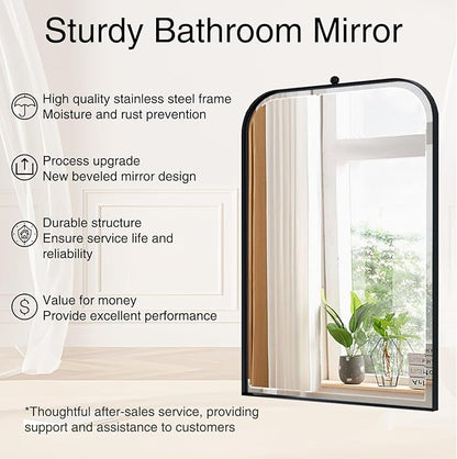 POZINO Beveled Oblong Mirror, 20"x30" Rectangle Rounded Mirror for Over Sink, Modern Black Bathroom Mirrors with Stainless Steel Frame, Vanity Wall Mirrors for Bedroom Living Room Entryway Fireplace
