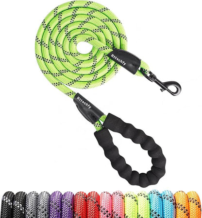Rttochfy Rope Dog Leash 2/4/5/6/8/10 FT with Comfortable Padded Handle and Highly Reflective Threads for Small Medium and Large Dogs Heavy Duty (1/2"-10 FT, Green)