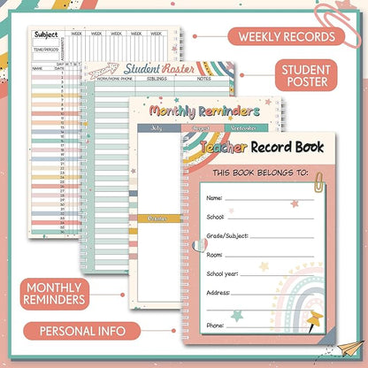 Teacher Record Book Teacher Grade Book 2026-2027 Spiral Bound Boho Heart Dot Record Class Planner 2026 Gradebook Office Favors for Classroom Attendance Supplies Double Sided Printing