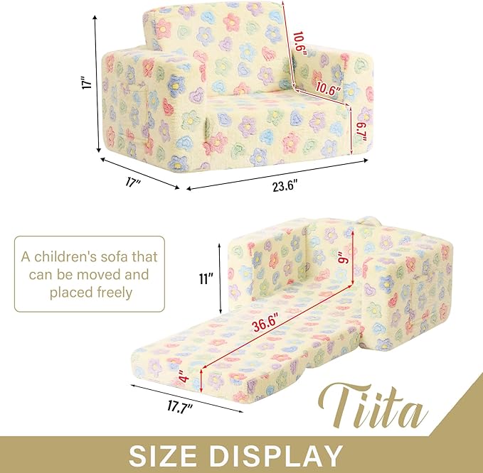 Tiita 2-in-1 Kids Sofa, Convertible Children Couch to Lounger, Flip Out Kids Chair, Toddler Armrest Chair Bed, Folding Kid Play Sofa for Girl or Boy, Flower