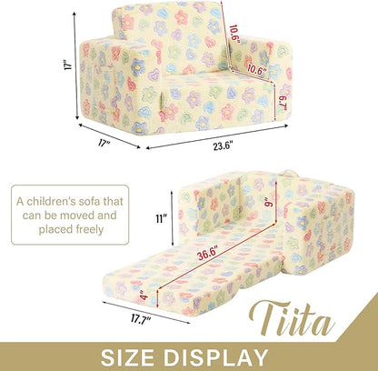 Tiita 2-in-1 Kids Sofa, Convertible Children Couch to Lounger, Flip Out Kids Chair, Toddler Armrest Chair Bed, Folding Kid Play Sofa for Girl or Boy, Flower