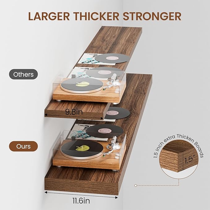 Heimlove 12 Inch Deep Floating Shelves, 55 x 12 inch Extra Long Floating Shelves for Wall, Large Display Shelf & Storage Shelf for Living Room Bedroom Kitchen Home Office, Set of 2, Walnut