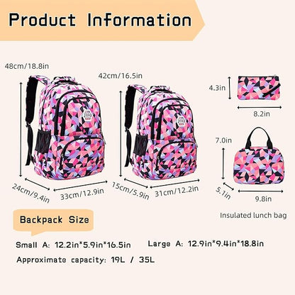 3Pcs Geometric Print Kids Backpack Set for Girls with Lunchbag, Purple Girls Backpack Elementary Middle School Bag Bookbag